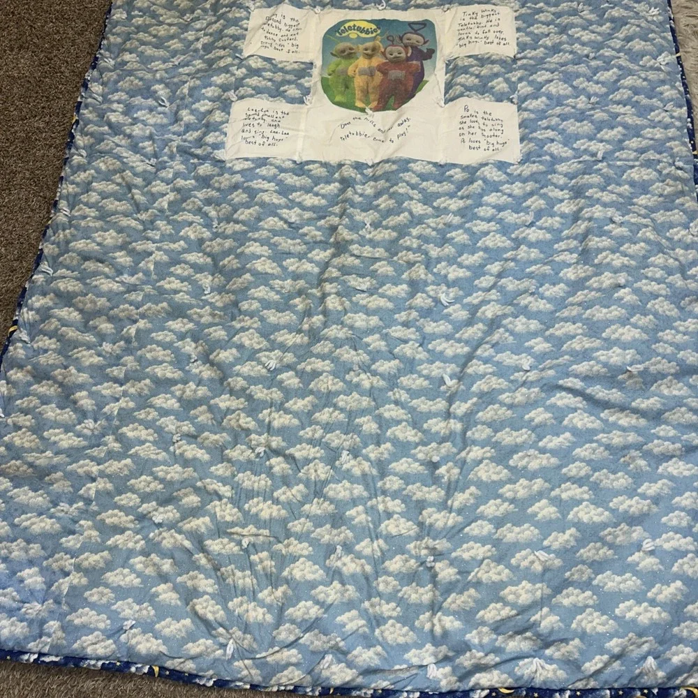 Vintage Teletubbies Handmade Quilt Blue White‎ Clouds Celestial 49x86 Baby Kids